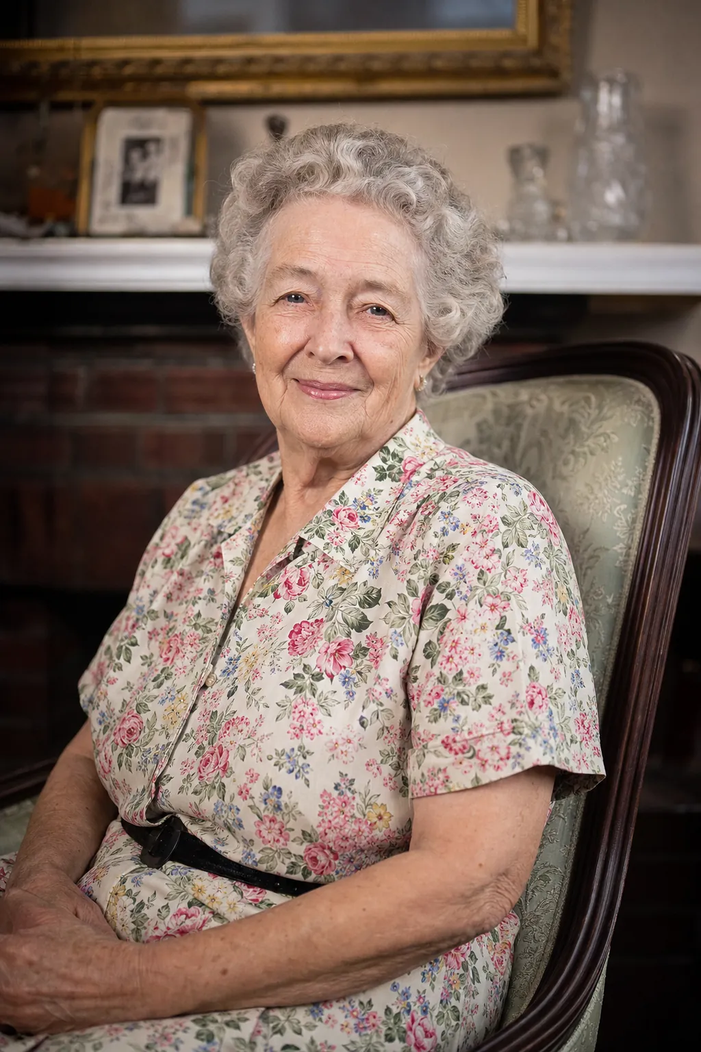 A restored 1955 portrait of an elderly woman, sharp and warm