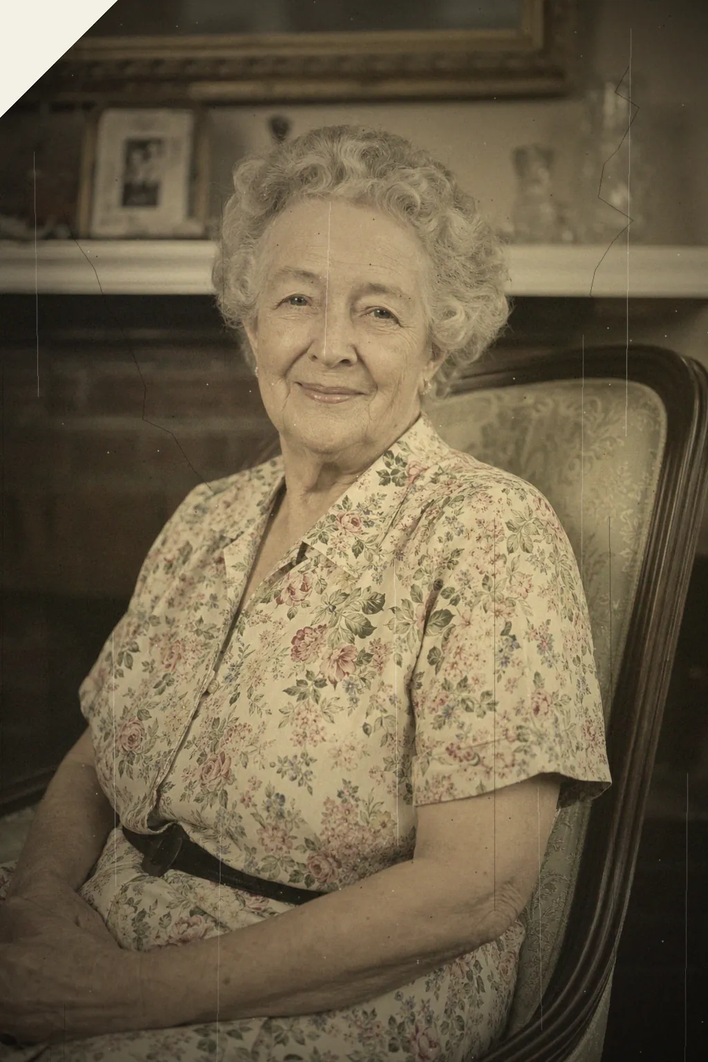 The same portrait before, faded and creased