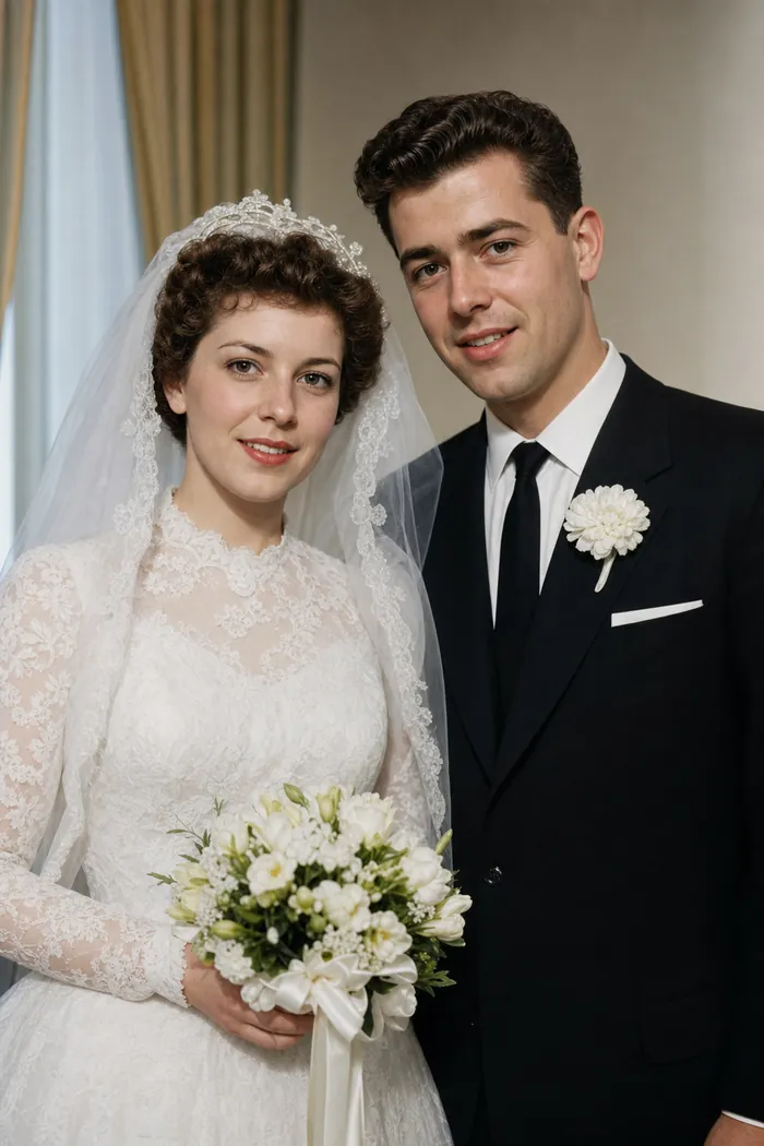 A restored 1962 wedding portrait with corrected color