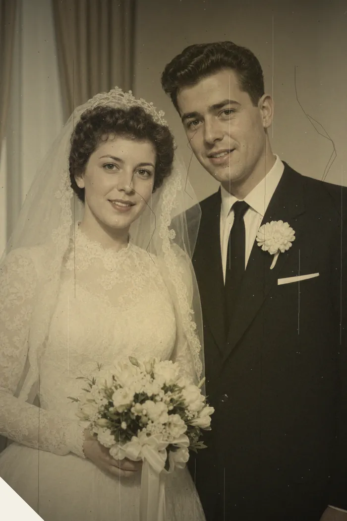 The same wedding portrait before, color-faded and soft