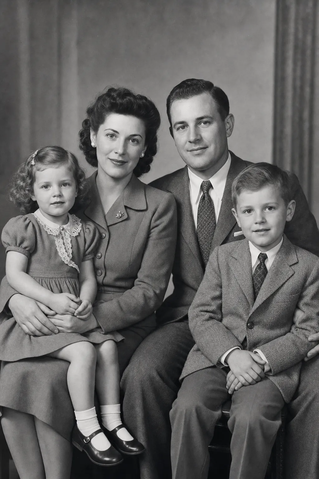 Restored 1945 family studio portrait, sharp and clean with full tonal range