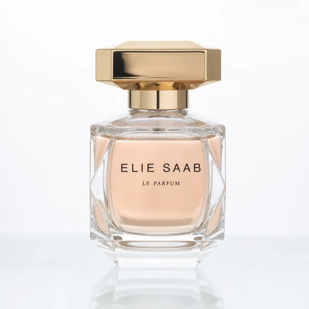 A clean ecommerce product photo of a glass perfume bottle on white